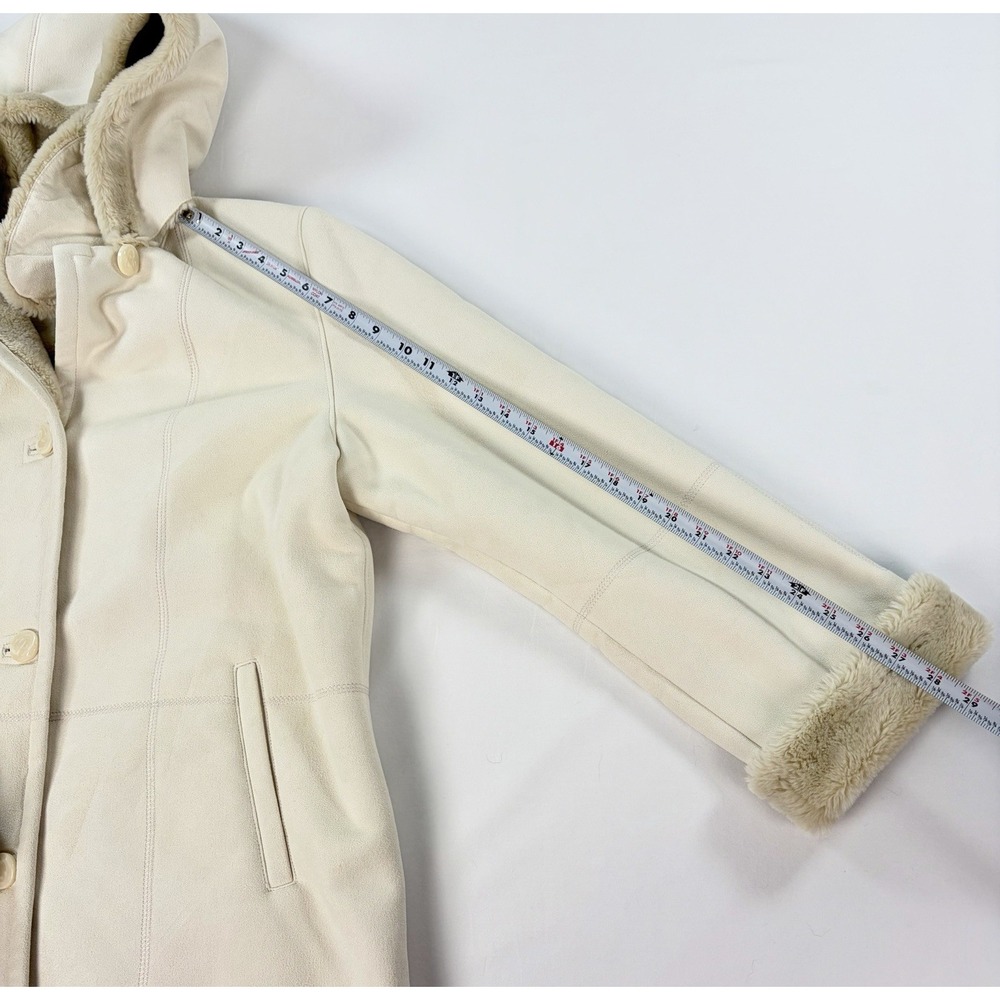 Vintage Gallery Women's Medium Faux Suede Shearling Fur Hooded Coat Cream Jacket - Picture 7 of 9